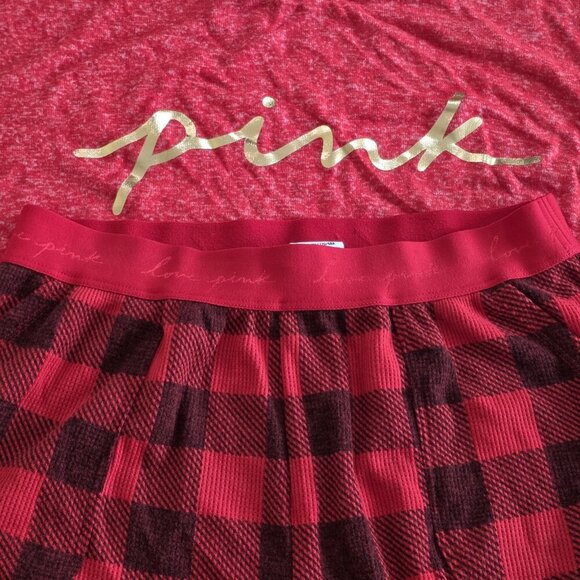 PINK Victorias Secret Pajama Set Women S Heathered Red LS Top Plaid Pants Lounge - Picture 13 of 16